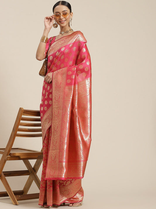 KSUT (House of Varanga) Pink Woven Design Banarasi Silk Saree With Blouse Piece