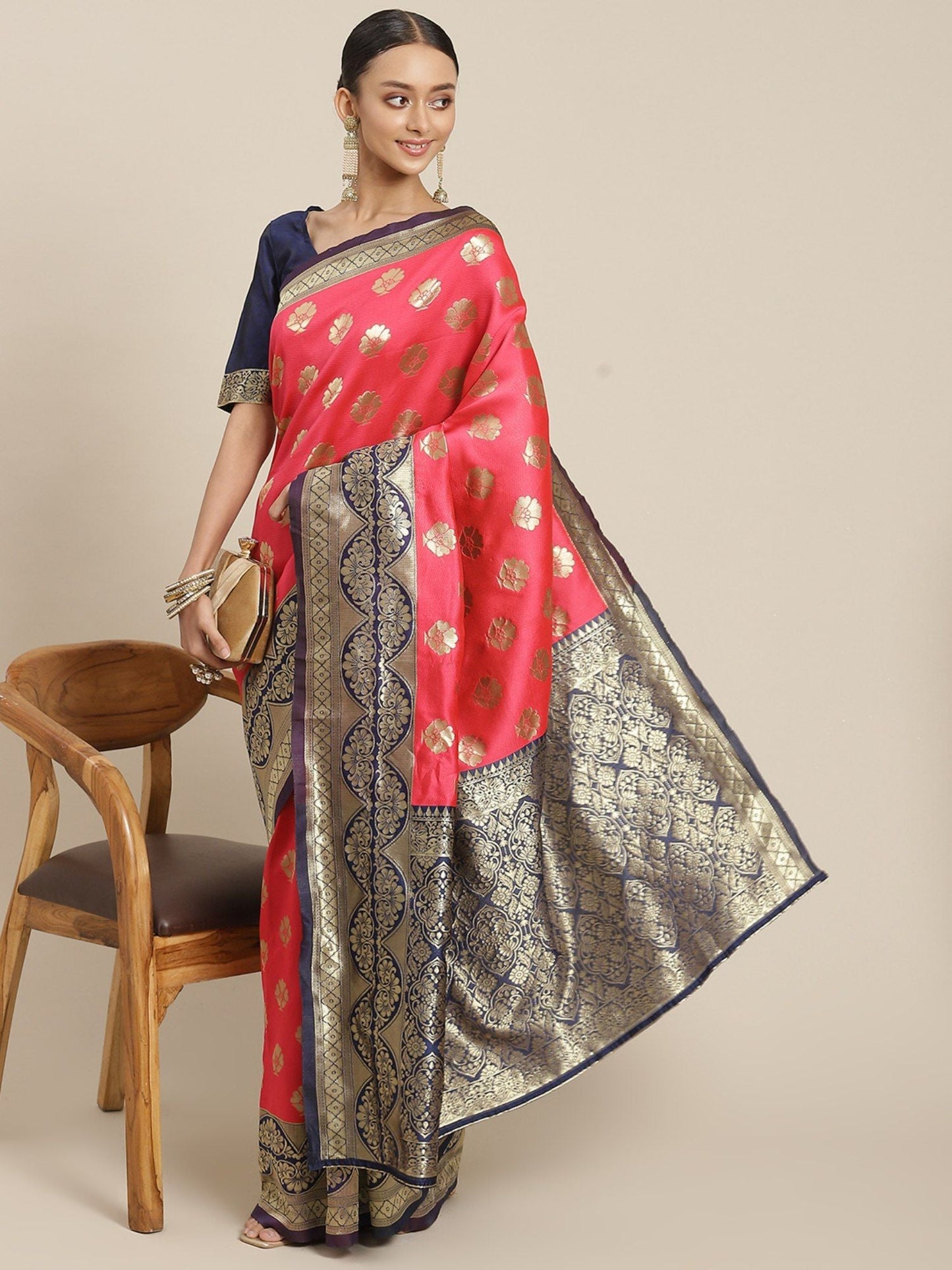 KSUT (House of Varanga) Pink & Blue Banarasi Silk Saree With Blouse Piece