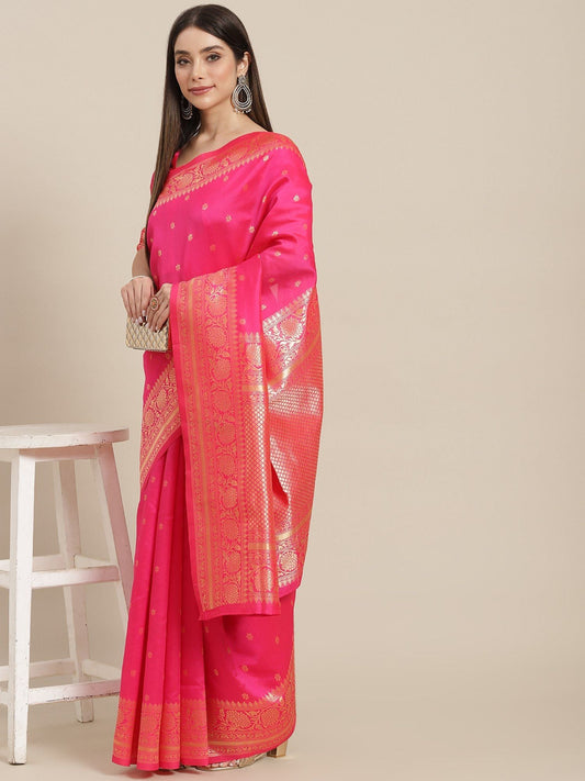 KSUT (House of Varanga) Pink Woven Design Banarasi Silk Saree With Blouse Piece