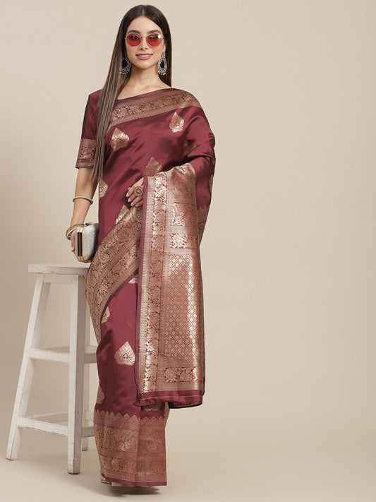 KSUT (House of Varanga) Maroon Woven Design Banarasi Silk Saree With Blouse Piece