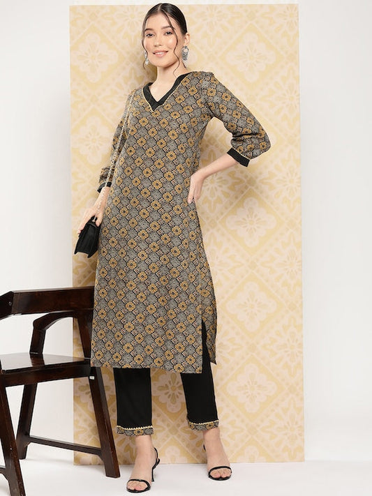 Yufta Geometric Printed Regular Pure Cotton Kurta with Trousers