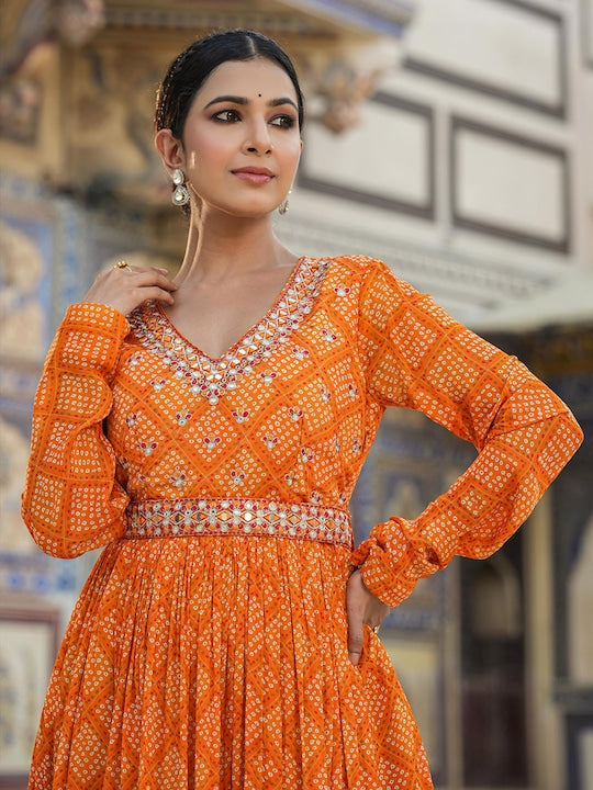 Scakhi Bandhani Printed Gathered Detailed Chinon Silk Maxi Ethnic Dress With Belt