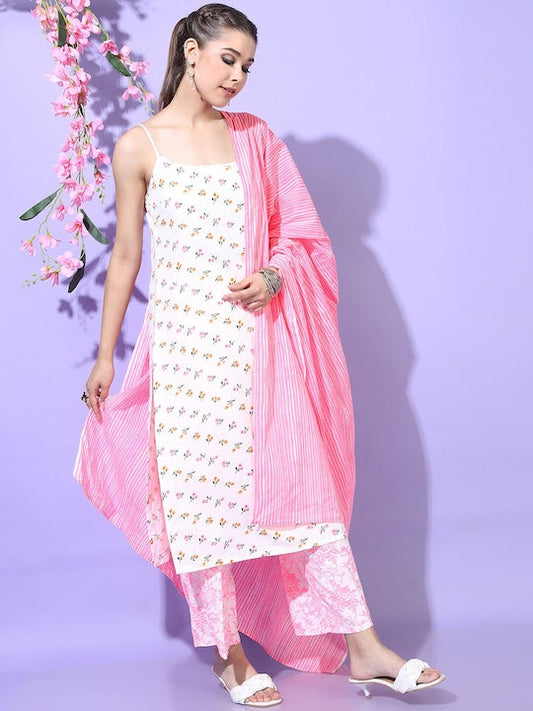 Vishudh Women Off White Floral Printed Kurta With Trousers & Dupatta