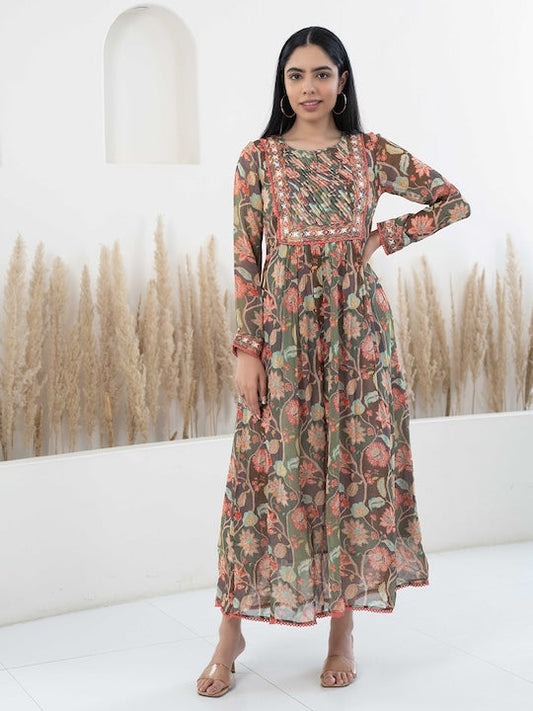 Myshka Floral Printed Lace Inserts Georgette Fit & Flare Ethnic Dress