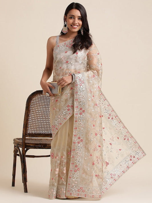 Fabmora Floral Embroidered Organza Saree