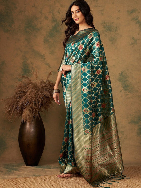 Sangria Olive Green Ethnic Motifs Woven Design Organza Zari Kanjeevaram Saree