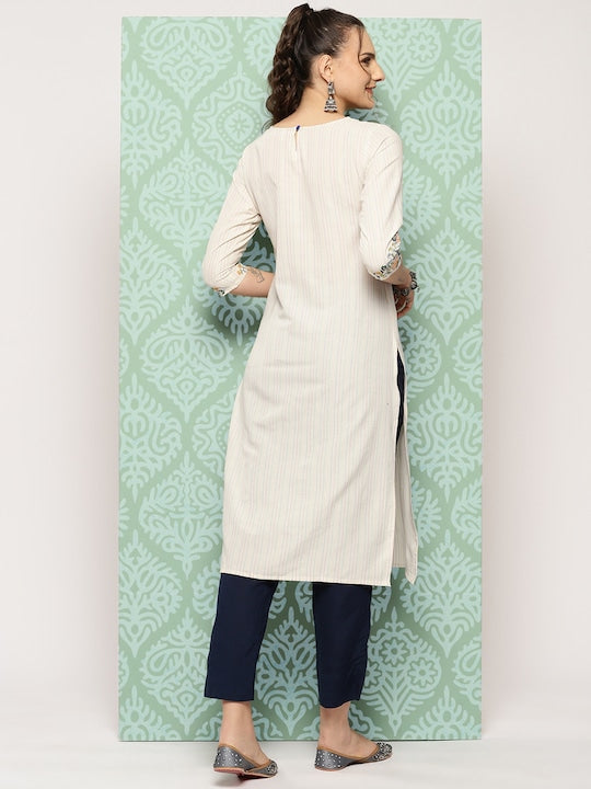 Yufta Striped & Floral Embroidered Thread Work Cotton Kurta