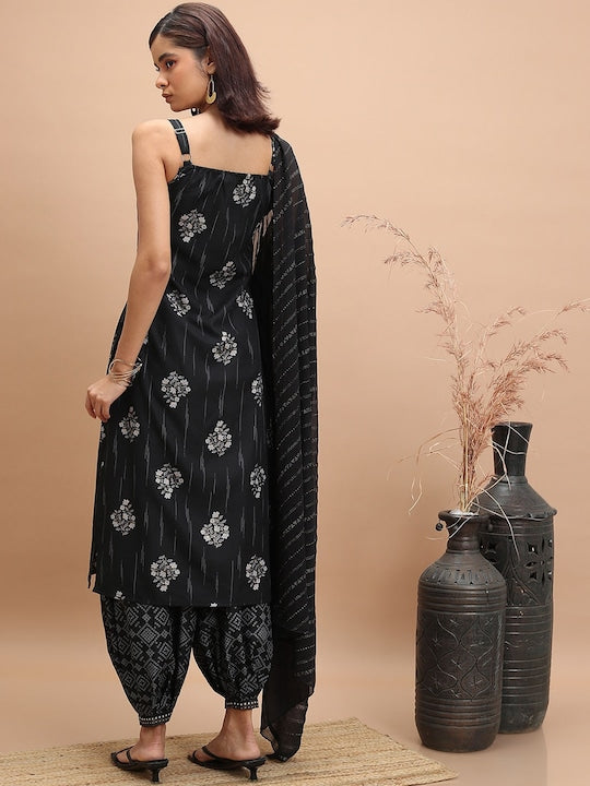 Vishudh Black Floral Printed Shoulder Strap Regular Kurta With Patiala & Dupatta