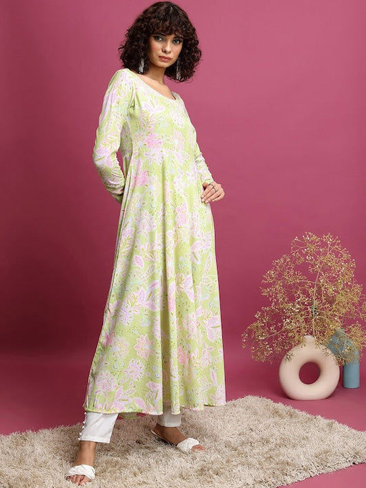 Vishudh Lime Green Floral Printed Kurta