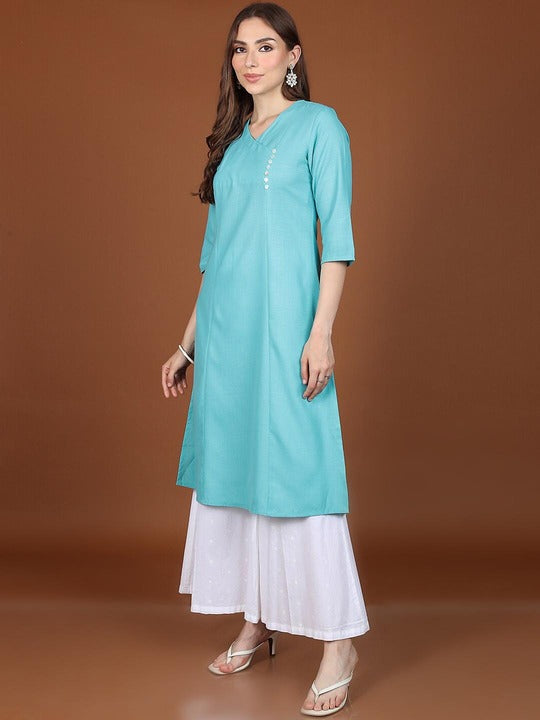Vishudh Blue V-Neck A-Line Kurta