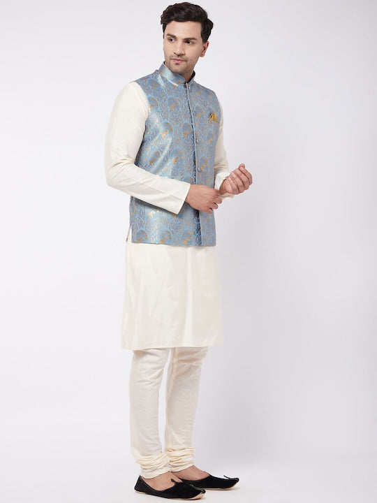 Vastramay Men Cream-Coloured Kurta with Pyjamas With Nehru Jacket