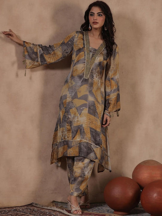 Scakhi Abstract Printed V-Neck Regular Satin Pakistani Kurta With Palazzos