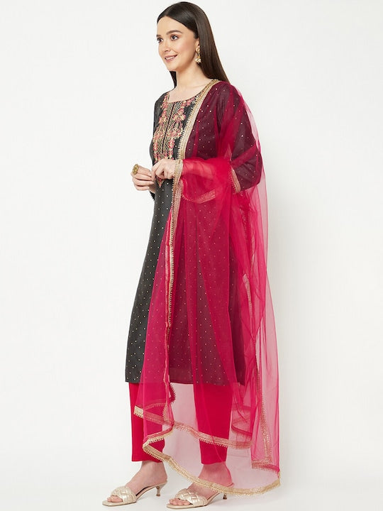 IMARA Geometric Printed Thread Work Chanderi Cotton Kurta & Trousers With Dupatta