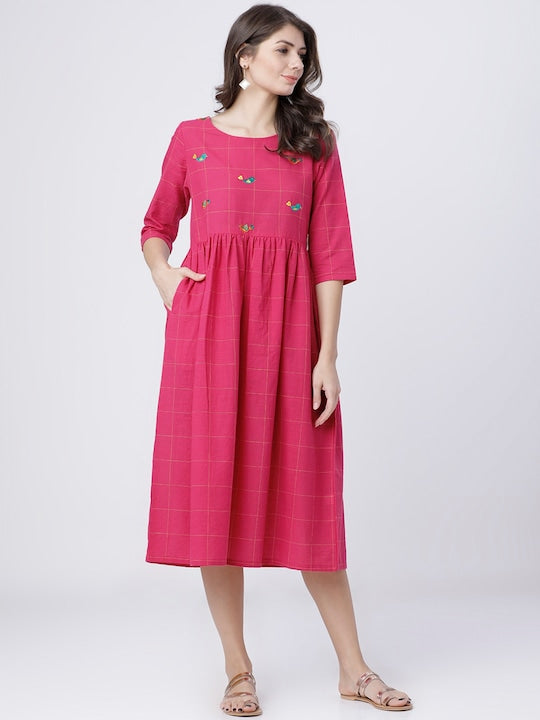 Vishudh Women Pink Checked Fit and Flare Dress