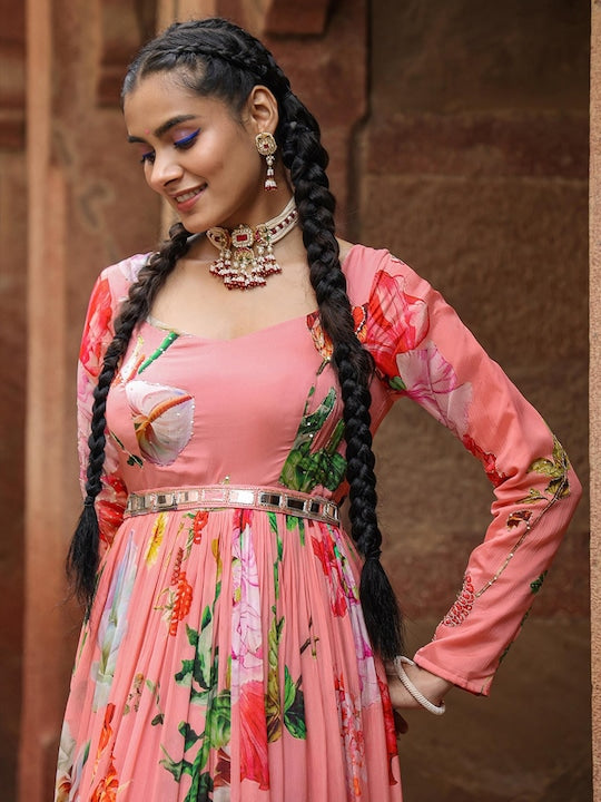 Scakhi Floral Printed Gathered Detailed Chinon Silk Maxi Ethnic Dress With Belt