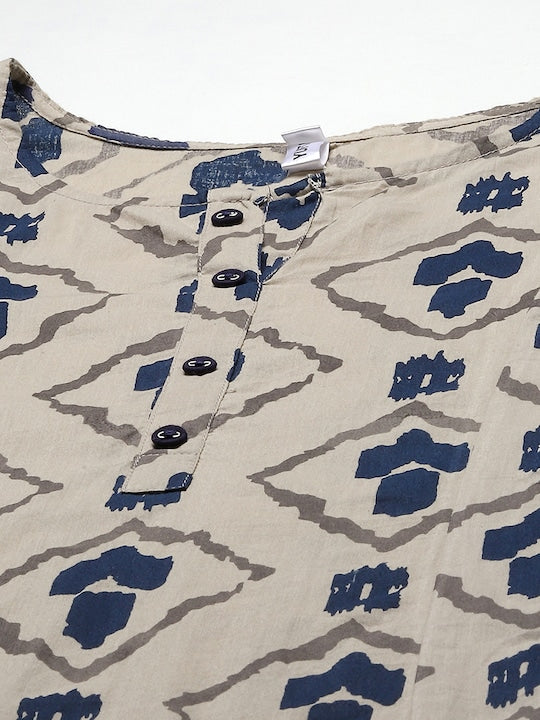 Yufta Women Beige & Navy Blue Printed Pure Cotton Kurta with Palazzos & Dupatta