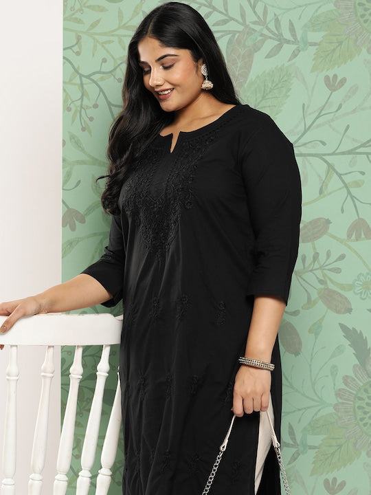Yufta Women Plus Size Floral Embroidered Straight Kurta