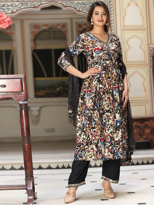 Singni Floral Printed Mirror Work Empire A-Line Kurta With Trousers & Dupatta