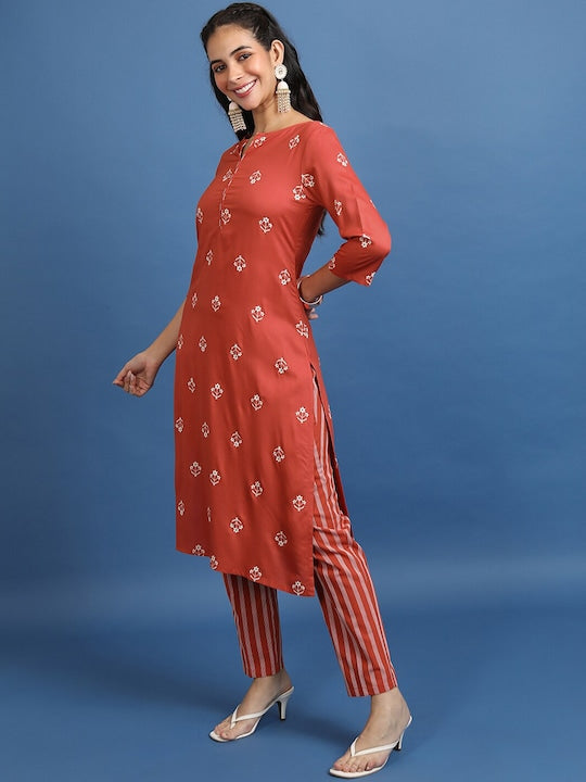 Vishudh Rust Orange Ethnic Motifs Printed Regular Kurta With Trousers