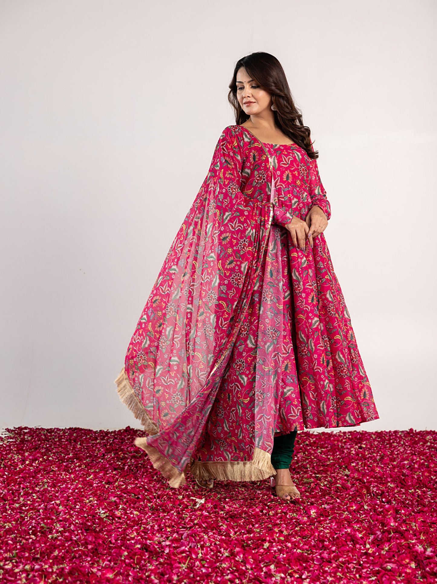 ONEWE INDIA Veda Anarkali Kurta with Churidar & Dupatta (Set of 3)