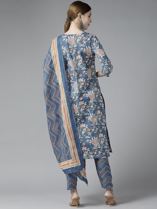 Yufta Women Blue Floral Printed Sequinned Pure Cotton Kurta with Trousers & With Dupatta