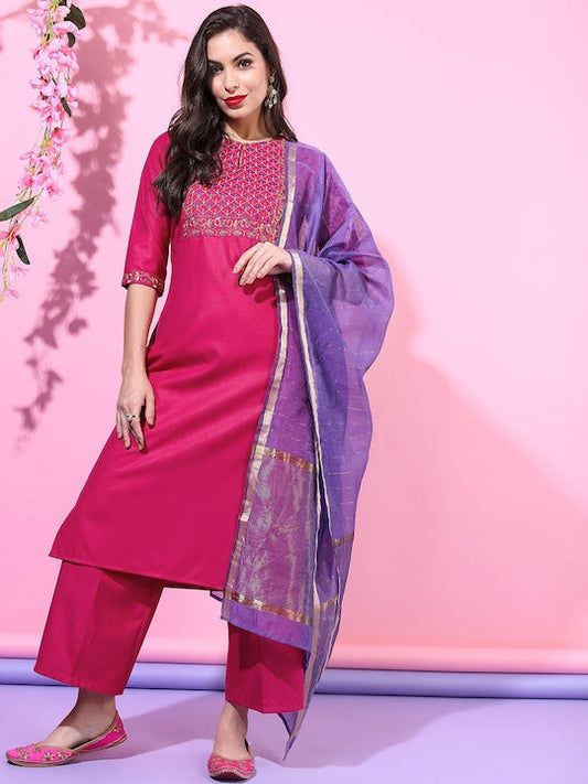 Vishudh Women Pink Floral Yoke Design Kurti with Trousers & With Dupatta