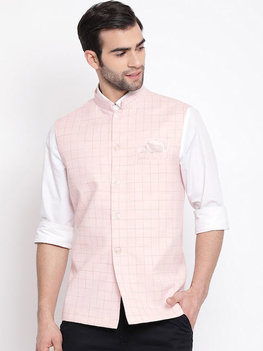 Vastramay Men Pink Checked Woven-Design Nehru Jacket