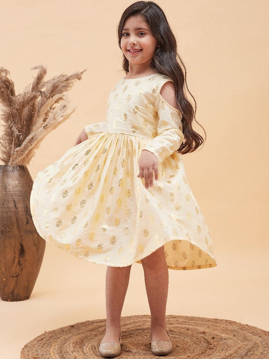 Vastramay Girls Foil Printed Cold-Shoulder Fit and Flare Ethnic Dress