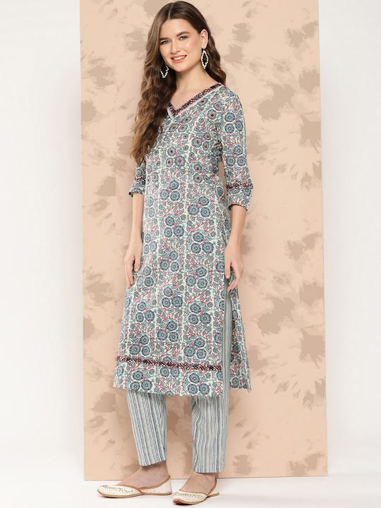 Yufta Women Floral Printed Regular Pure Cotton Kurta with Trousers & With Dupatta