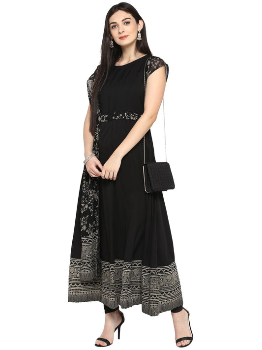 Ahalyaa Women's Black Crepe Printed Kurta with Attached Dupatta