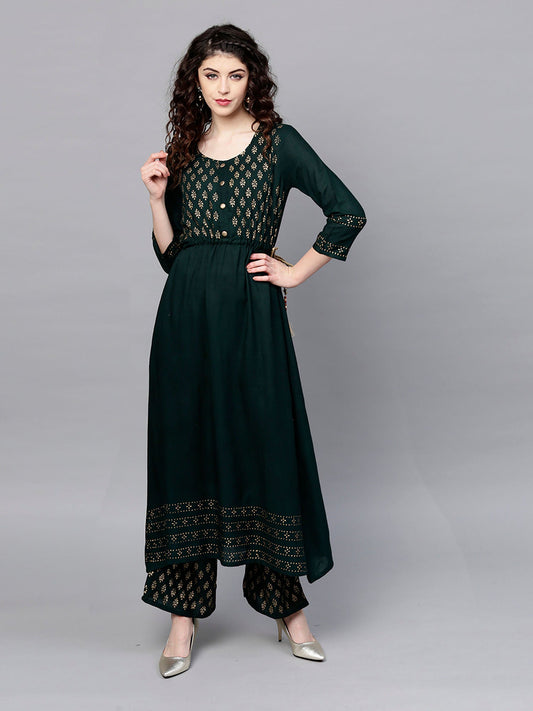 ISHIN Rayon Green Printed Anarkali Kurta With Palazzo (Set of 2)
