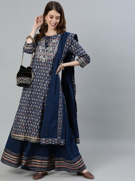 ISHIN Women's Navy Blue Embroidered A-Line Kurta With Palazzo & Dupatta (Set of 3)