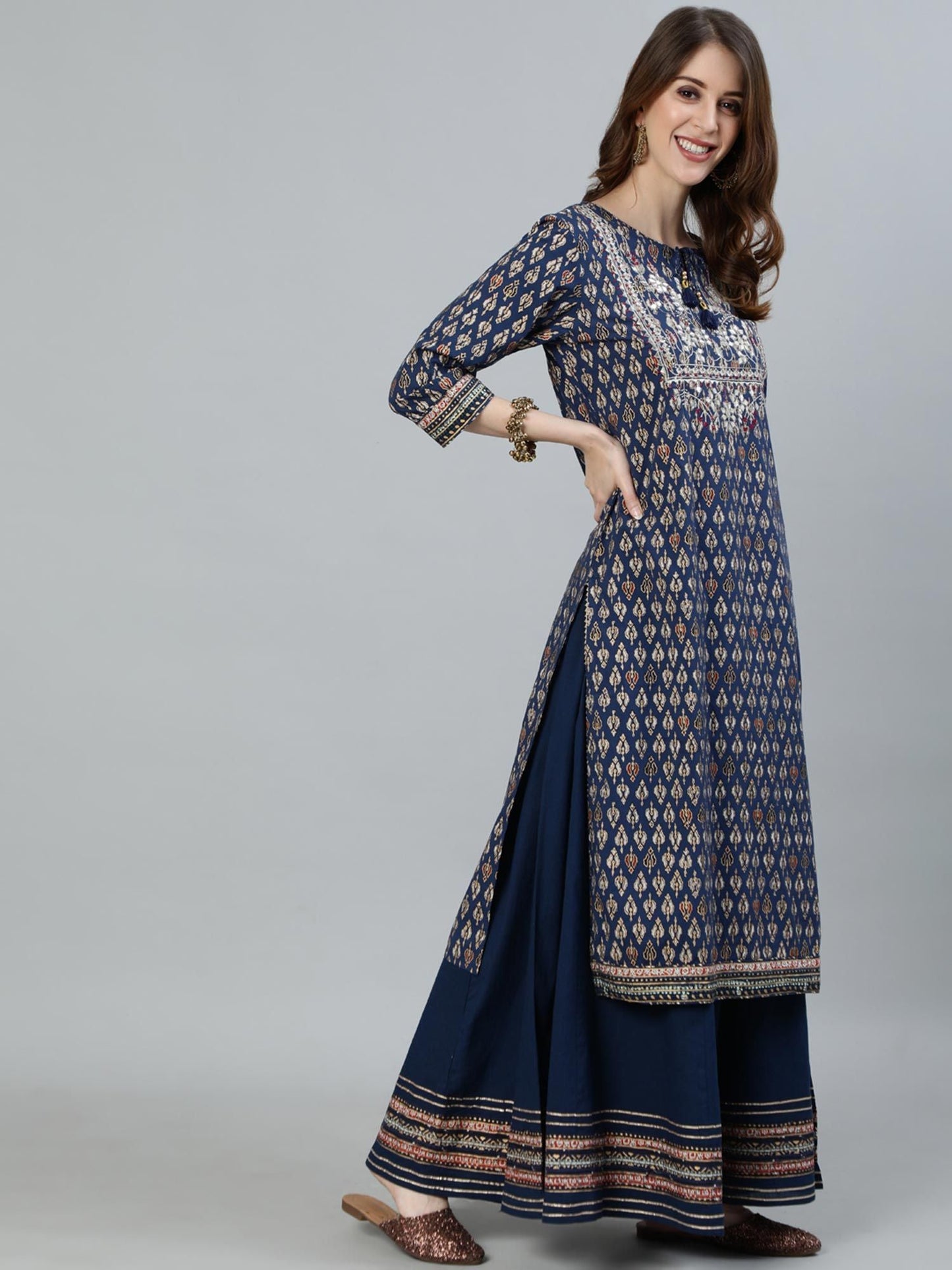 ISHIN Women's Navy Blue Embroidered A-Line Kurta With Palazzo & Dupatta (Set of 3)
