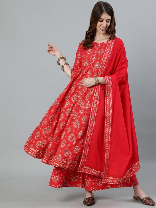 ISHIN Women's Red Embroidered Gotta Patti Anarkali Kurta With Palazzo & Dupatta (Set of 3)