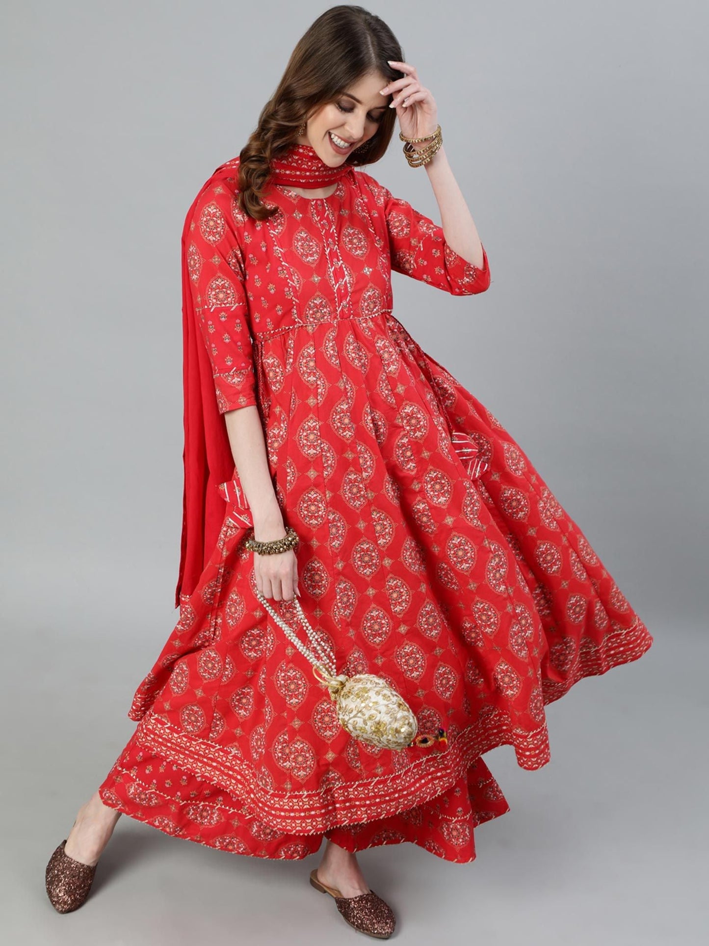 ISHIN Women's Red Embroidered Gotta Patti Anarkali Kurta With Palazzo & Dupatta (Set of 3)