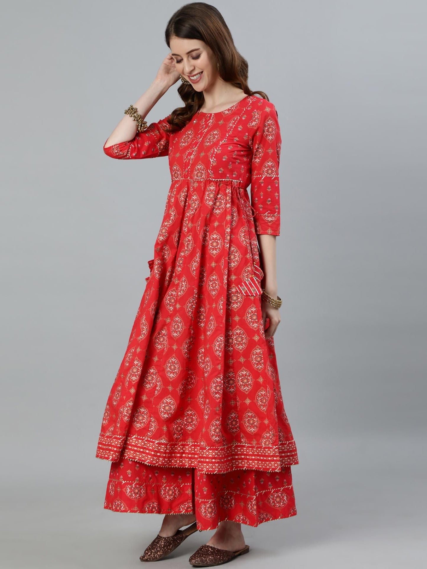 ISHIN Women's Red Embroidered Gotta Patti Anarkali Kurta With Palazzo & Dupatta (Set of 3)