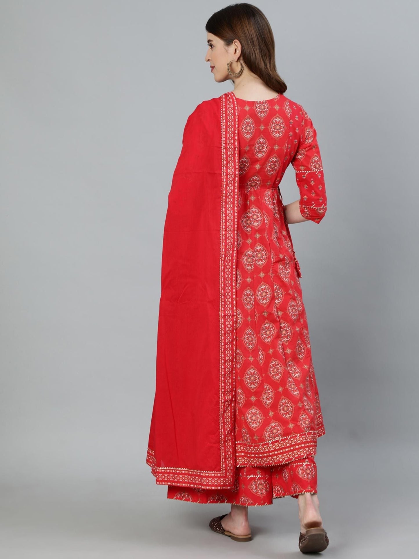 ISHIN Women's Red Embroidered Gotta Patti Anarkali Kurta With Palazzo & Dupatta (Set of 3)