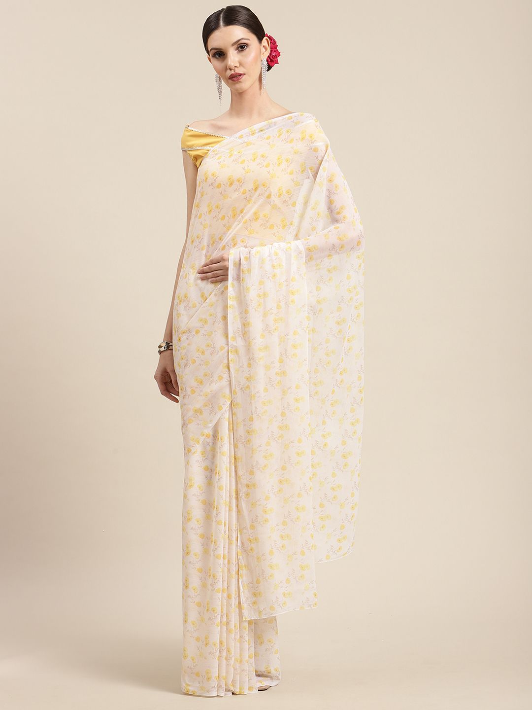 Ahalyaa Women's Yellow Chiffon Digital Print Floral Saree