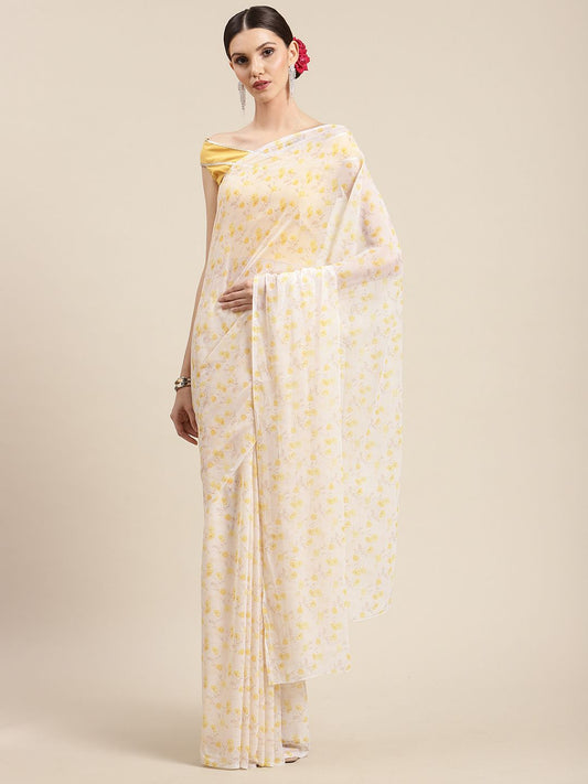 Ahalyaa Women's Yellow Chiffon Digital Print Floral Saree