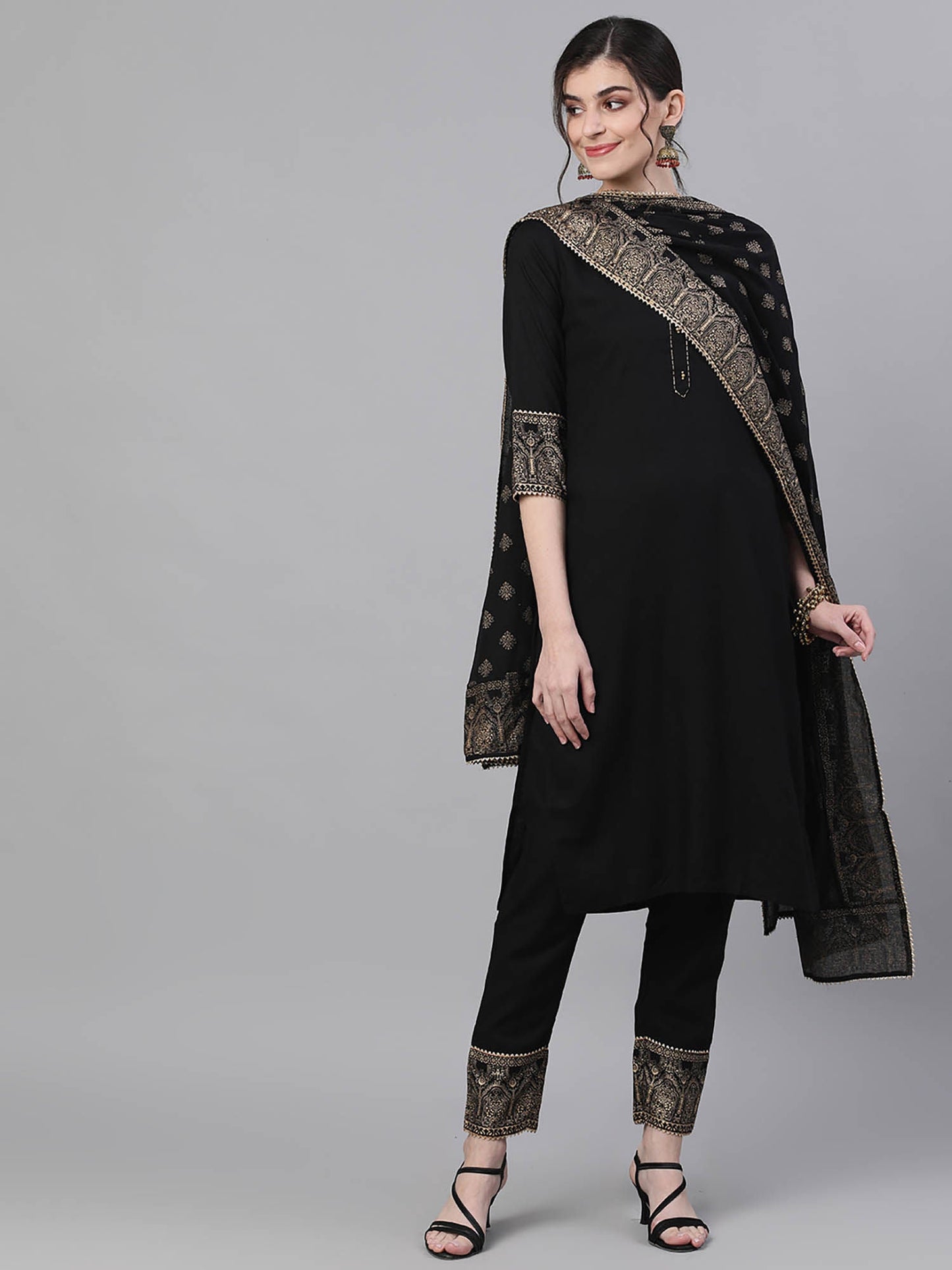 ISHIN Black Gota Work Kurta And Trouser With Dupatta (Set of 3)