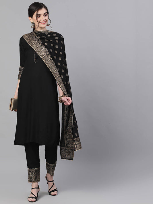 ISHIN Black Gota Work Kurta And Trouser With Dupatta (Set of 3)