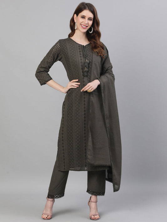 ISHIN Women Cotton Olive schiffli Embroidered A-Line Kurta and Trouser with Dupatta (Set of 3)
