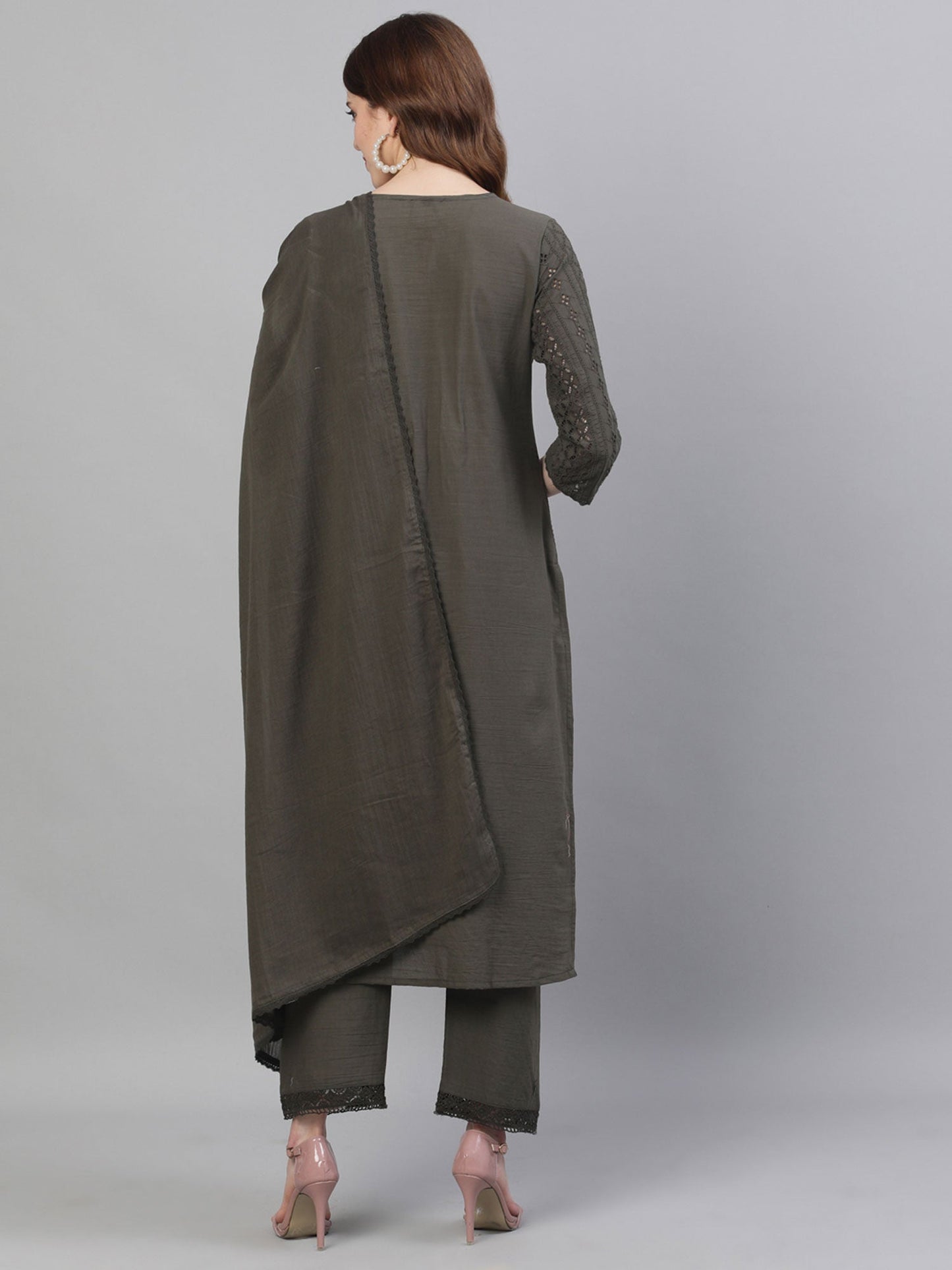 ISHIN Women Cotton Olive schiffli Embroidered A-Line Kurta and Trouser with Dupatta (Set of 3)