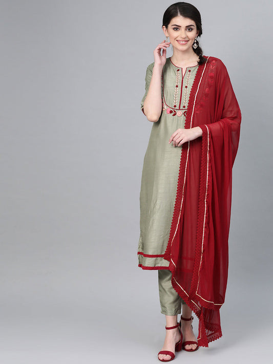ISHIN Women Silk Blend Green Embroidered A-Line Kurta and Trouser with Dupatta (Set of 3)