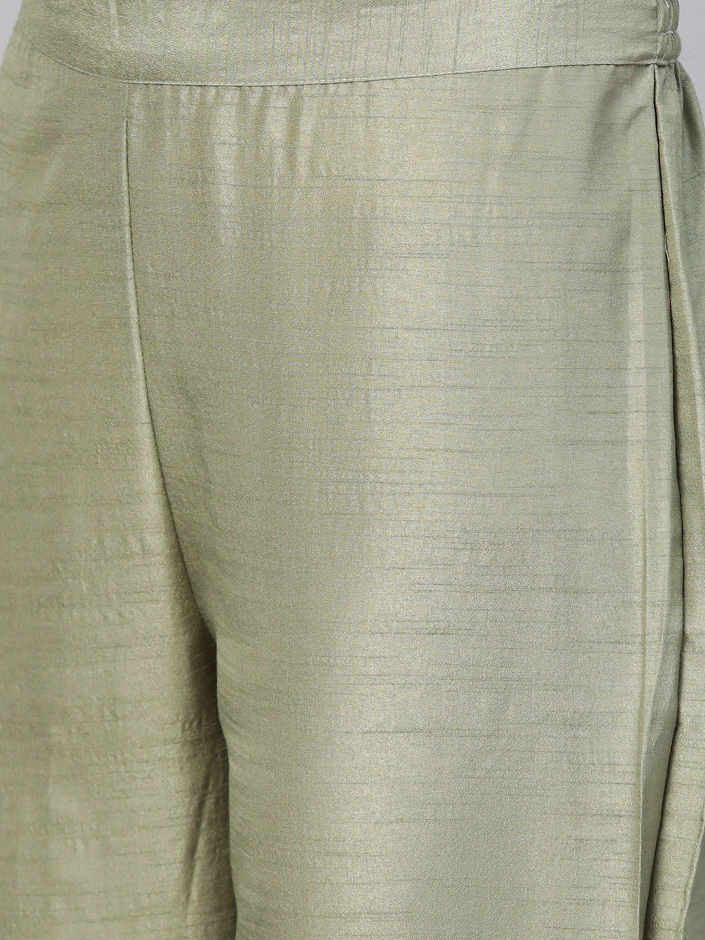 ISHIN Women Silk Blend Green Embroidered A-Line Kurta and Trouser with Dupatta (Set of 3)