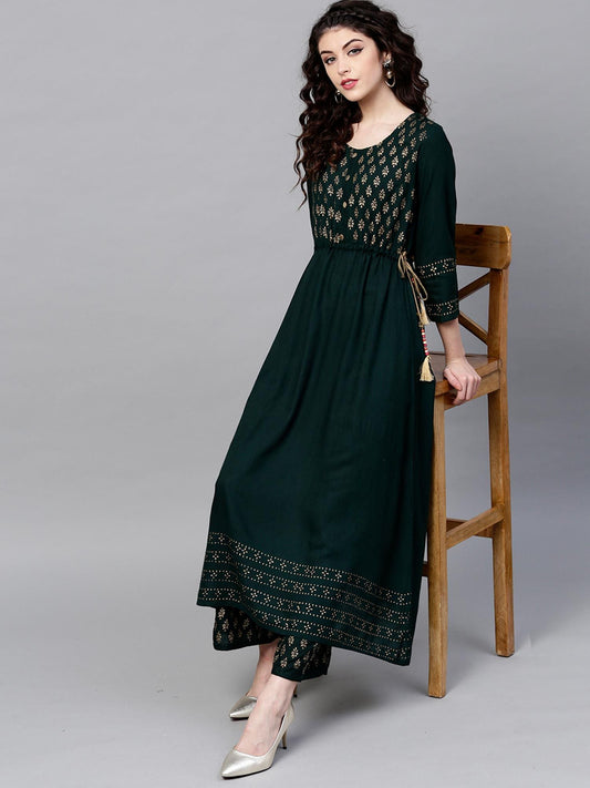 ISHIN Women Rayon Green Printed Anarkali Kurta with Palazzo (Set of 2)