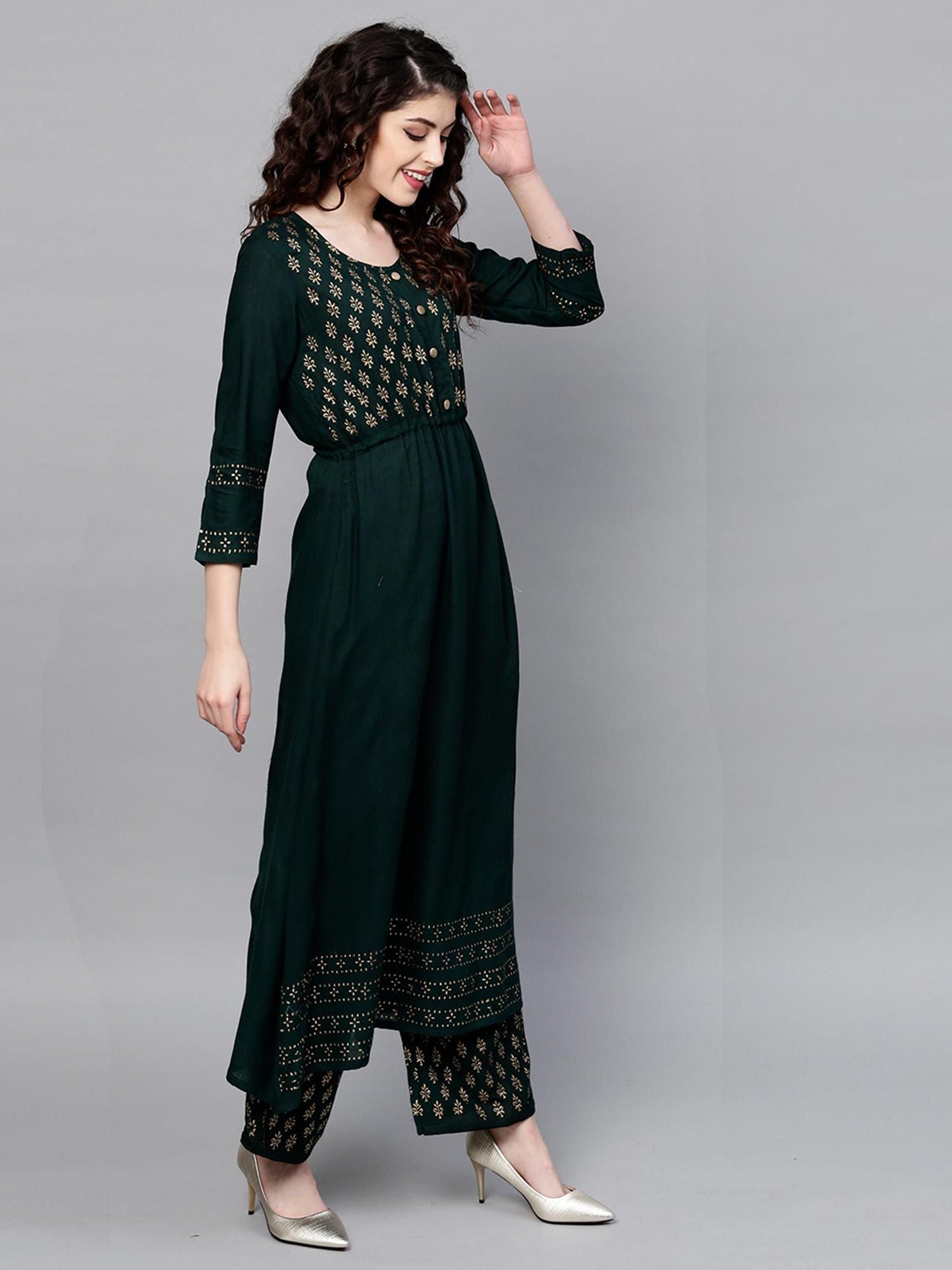 ISHIN Women Rayon Green Printed Anarkali Kurta with Palazzo (Set of 2)