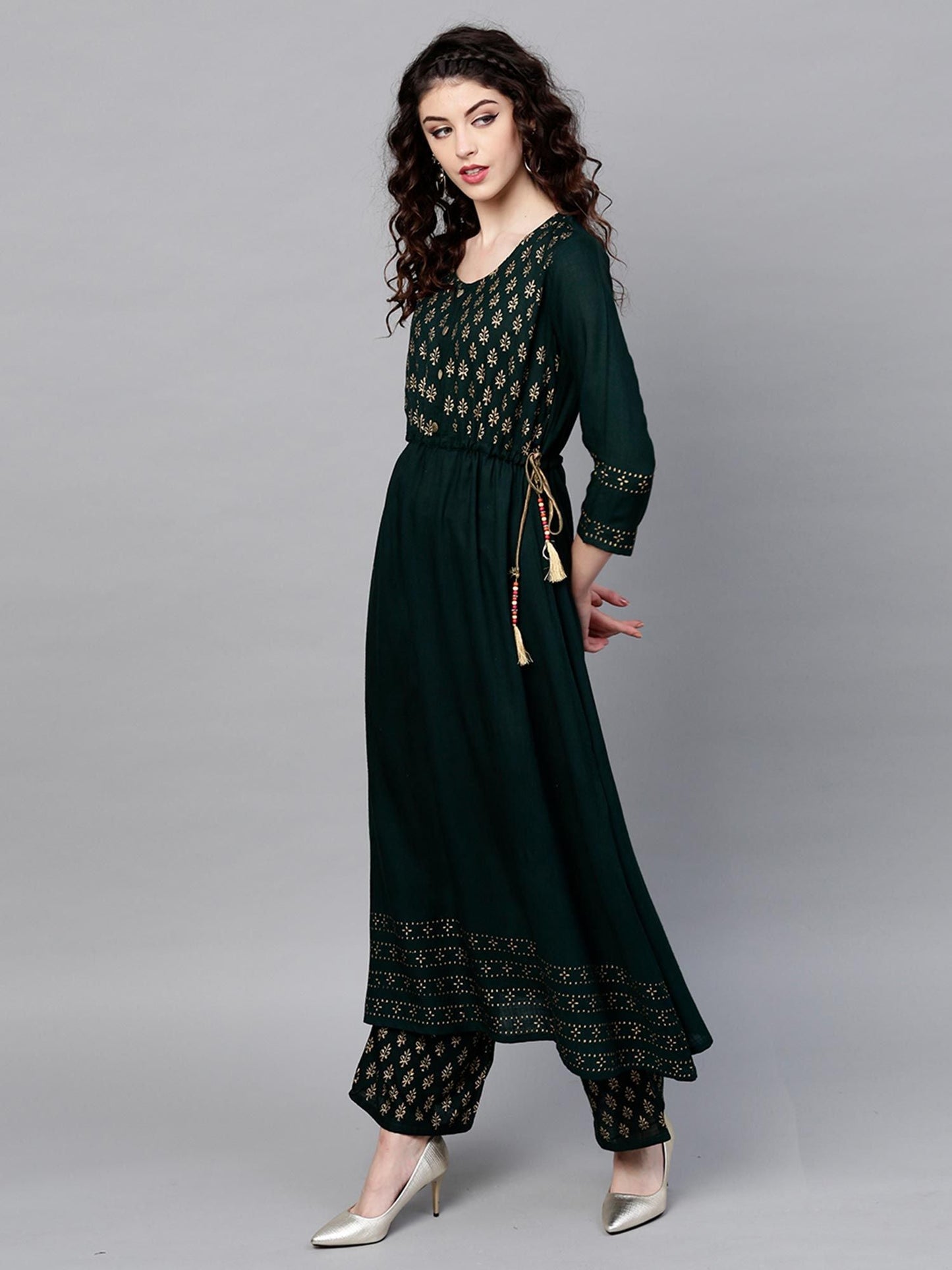 ISHIN Women Rayon Green Printed Anarkali Kurta with Palazzo (Set of 2)