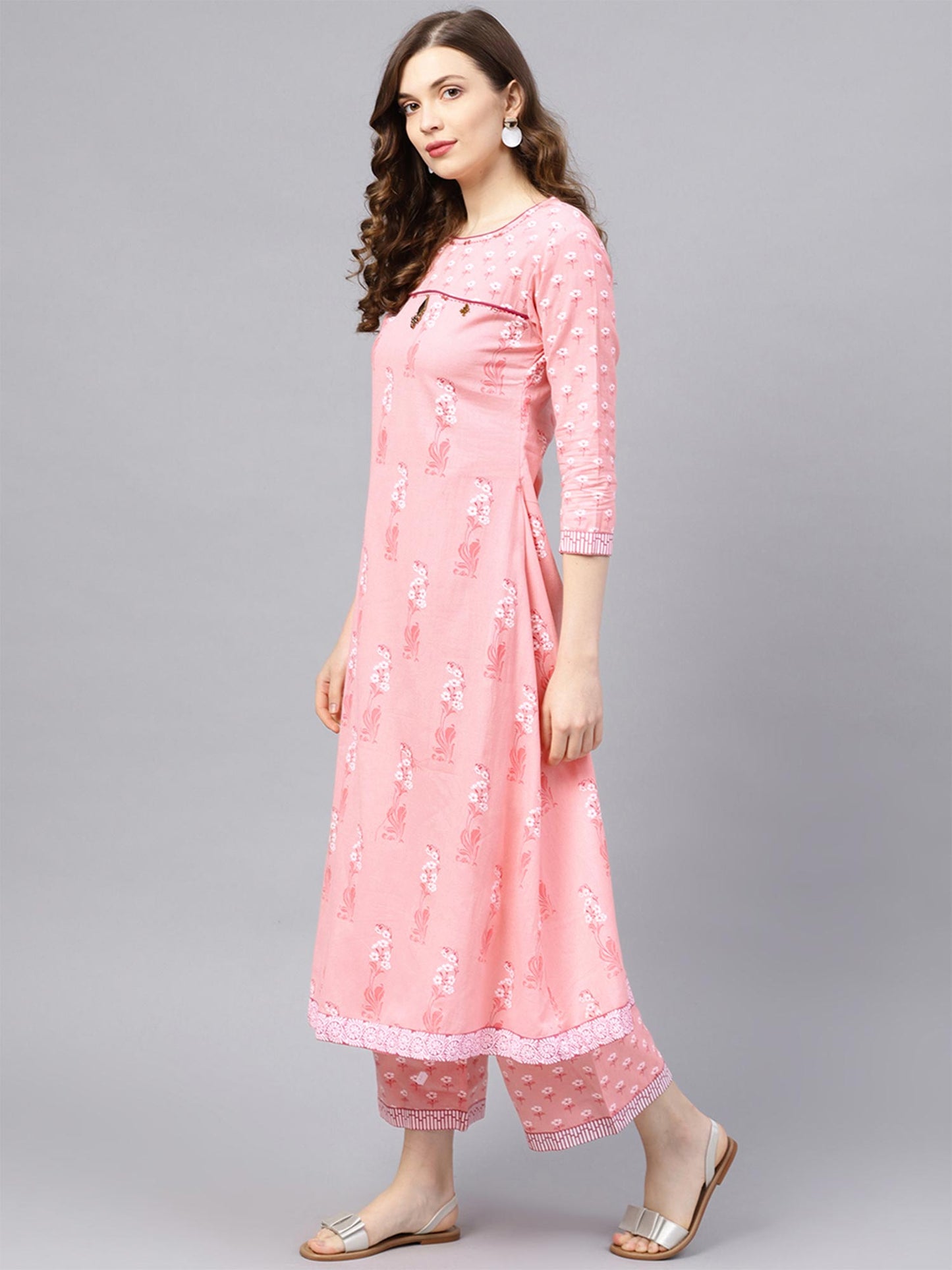 ISHIN Women Cotton Pink Printed Anarkali Kurta with Palazzo (Set of 2)