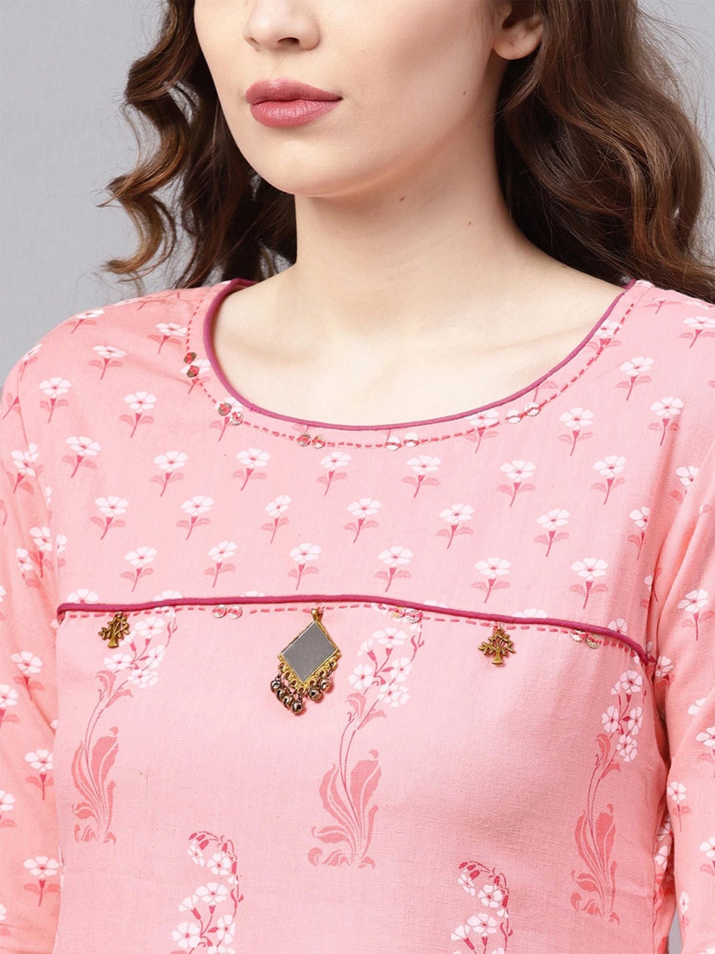 ISHIN Women Cotton Pink Printed Anarkali Kurta with Palazzo (Set of 2)